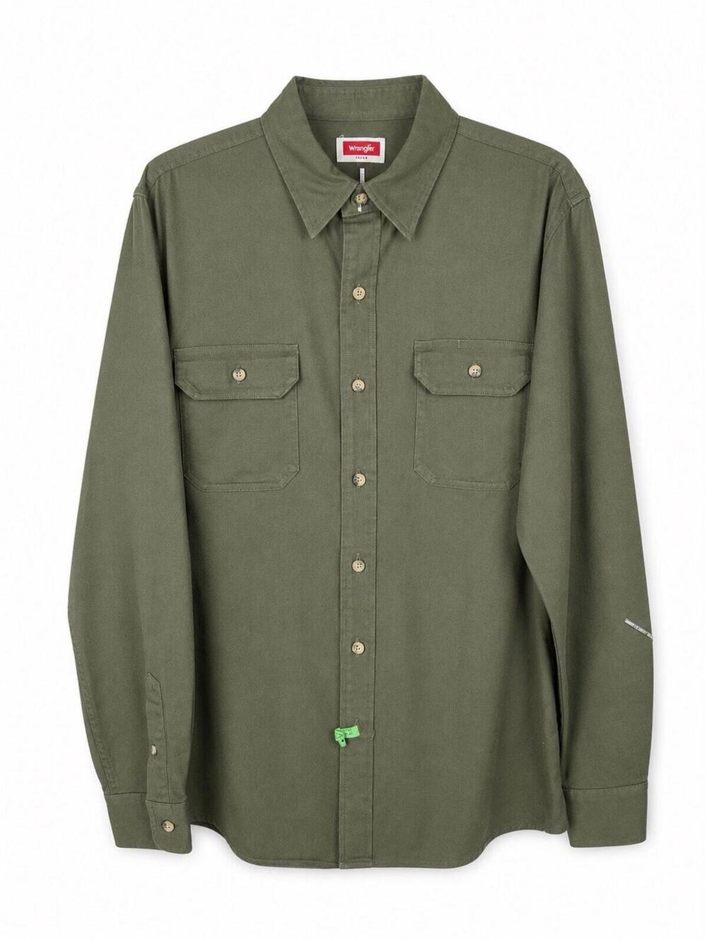 Wrangler Twill Work Shirt L Olive Green Long Sleeve Button Front Utility